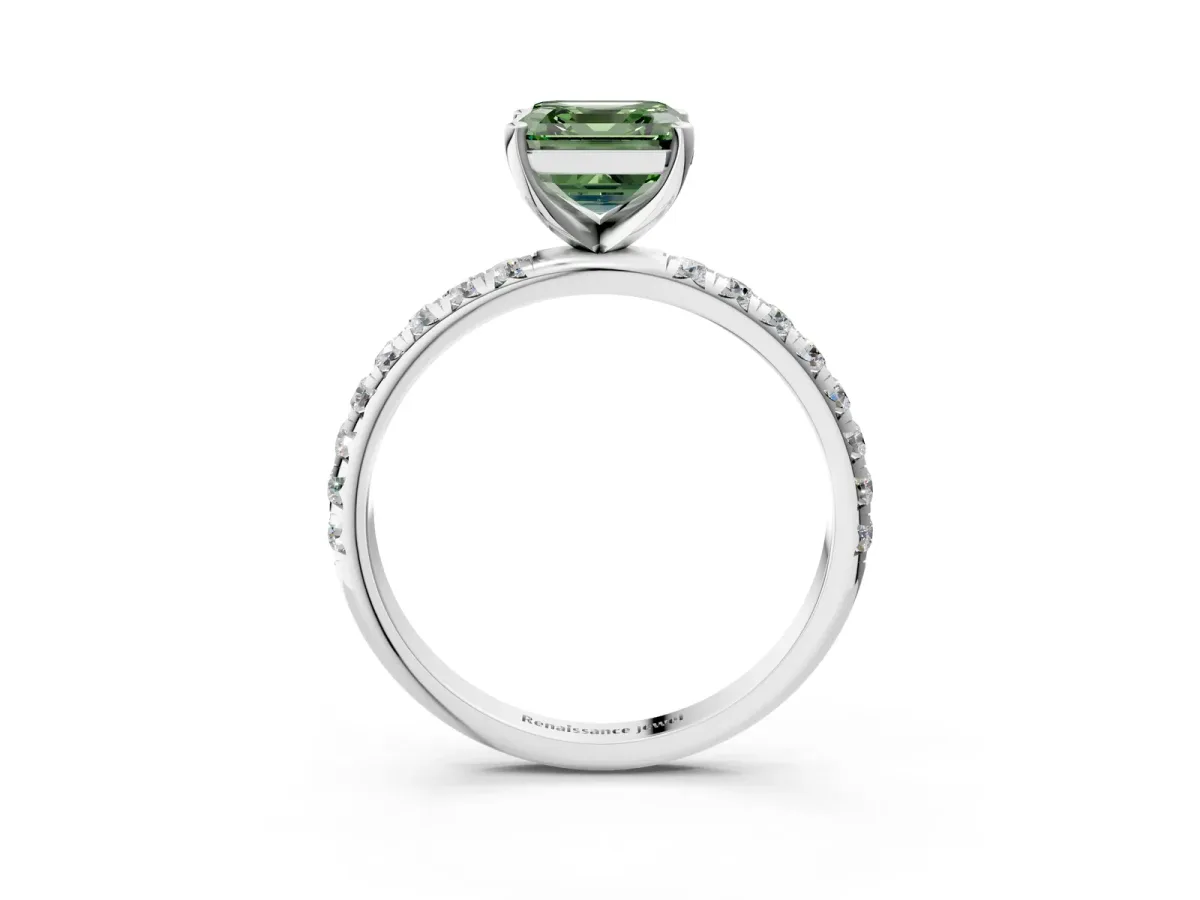 Fancy Green Asscher Cut Cut Diamond Solitaire Ring with Micro Pave Band and Four Prong Setting Platinum