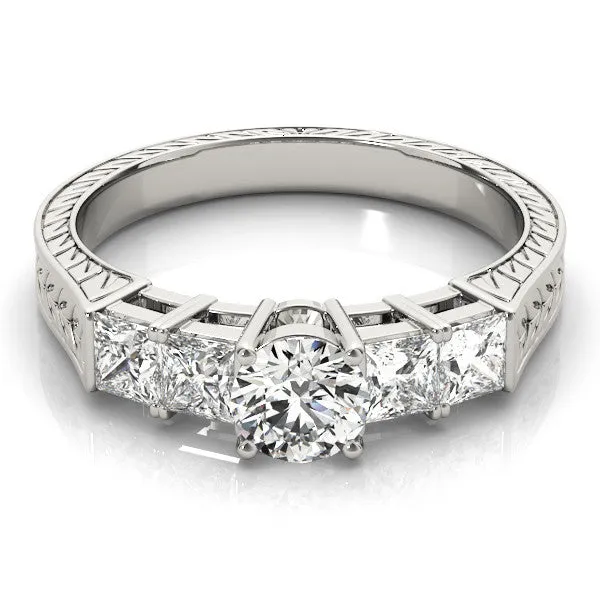 Radiant Cut Solitaire Princess Side Stone Engraved Band Prong Setting Ring Silver