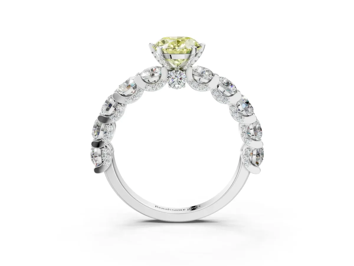 Fancy Yellow Oval Cut Diamond Side Stone Engagement Ring with Four-Prong Setting Platinum