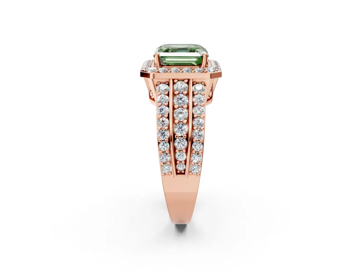 Fancy Green Asscher Cut Halo Diamond Ring with Round Split Shank and Prong Setting Rose gold