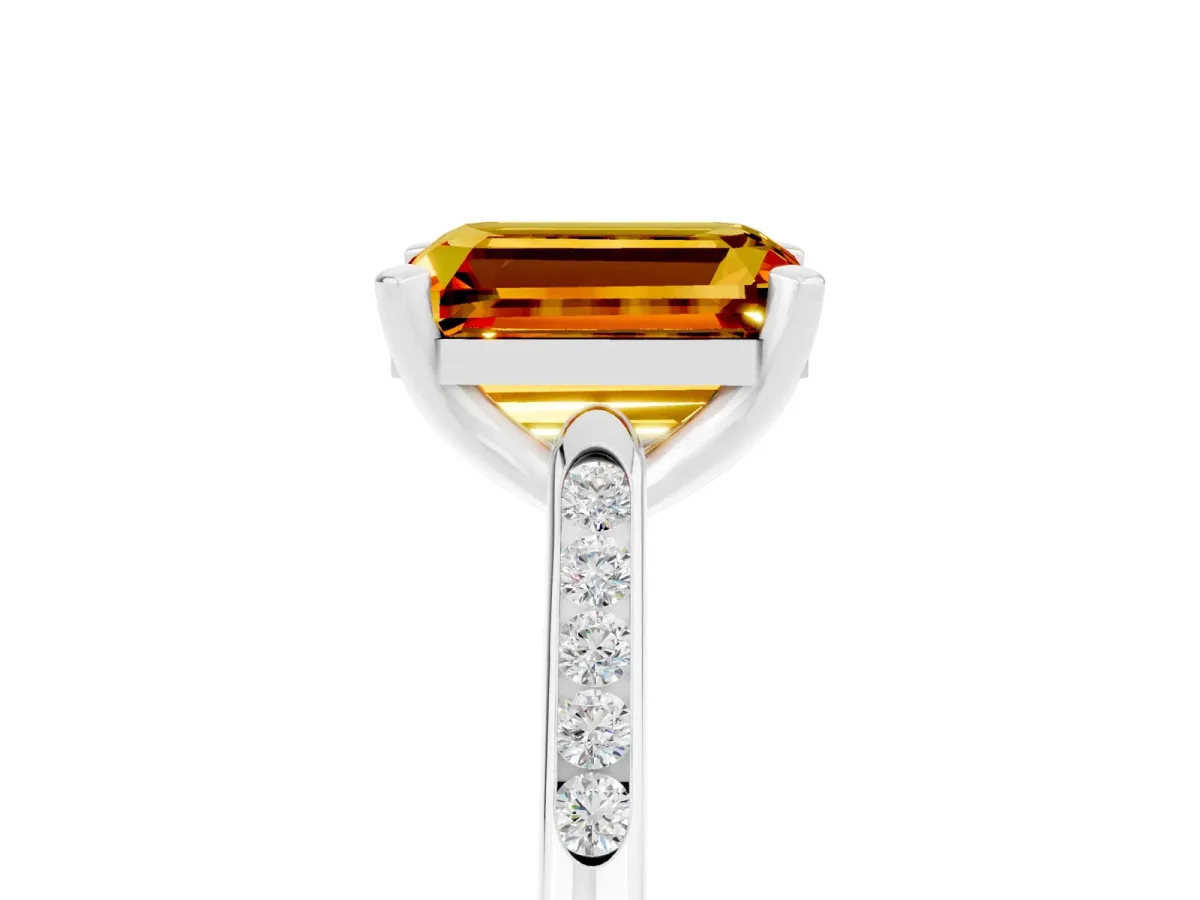 Emerald Cut Citrine Solitaire Ring with Channel Set Round Band and Prong Setting White gold