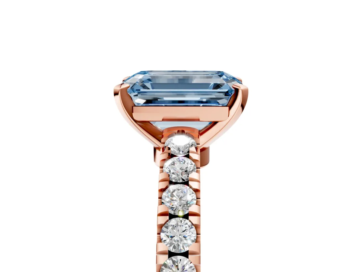 Fancy Blue Emerald Cut Solitaire Diamond with Pavé Band and Four-Prong Setting Rose gold