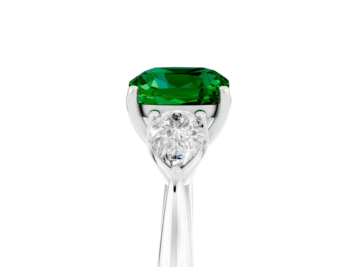 Three-Stone Cushion Cut Emerald Ring with Pear Side Stones in Four-Prong Setting White gold