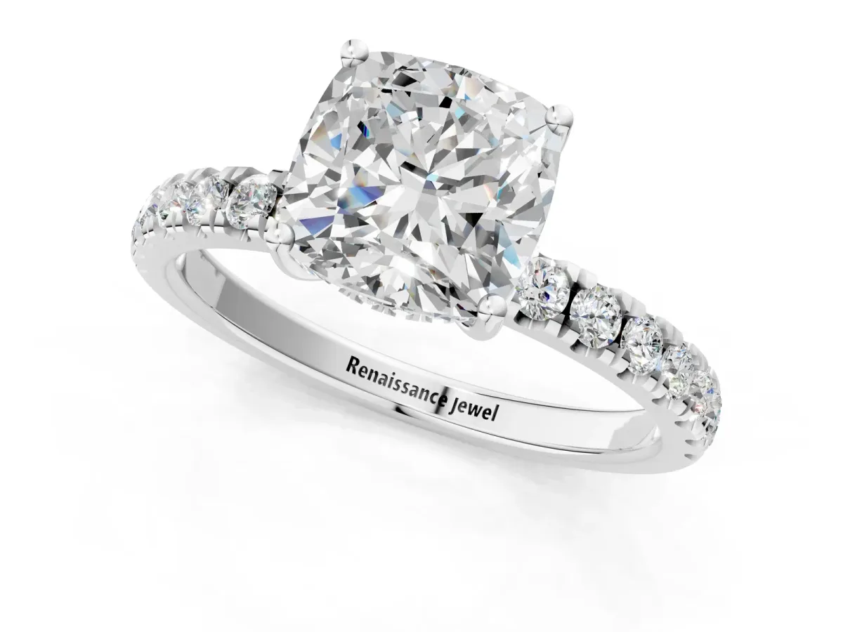 Cushion Cut Diamond Pave Band Solitaire Ring with Round Moissanite and Prong Setting Silver