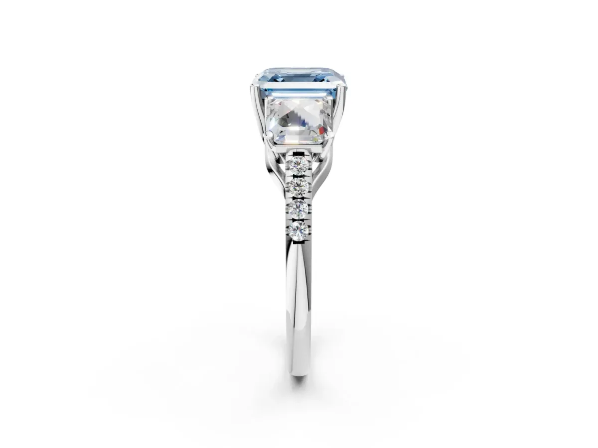 Fancy Blue Three-Stone Asscher Cut Diamond Ring with Round Pavé Band and Prong Setting Silver