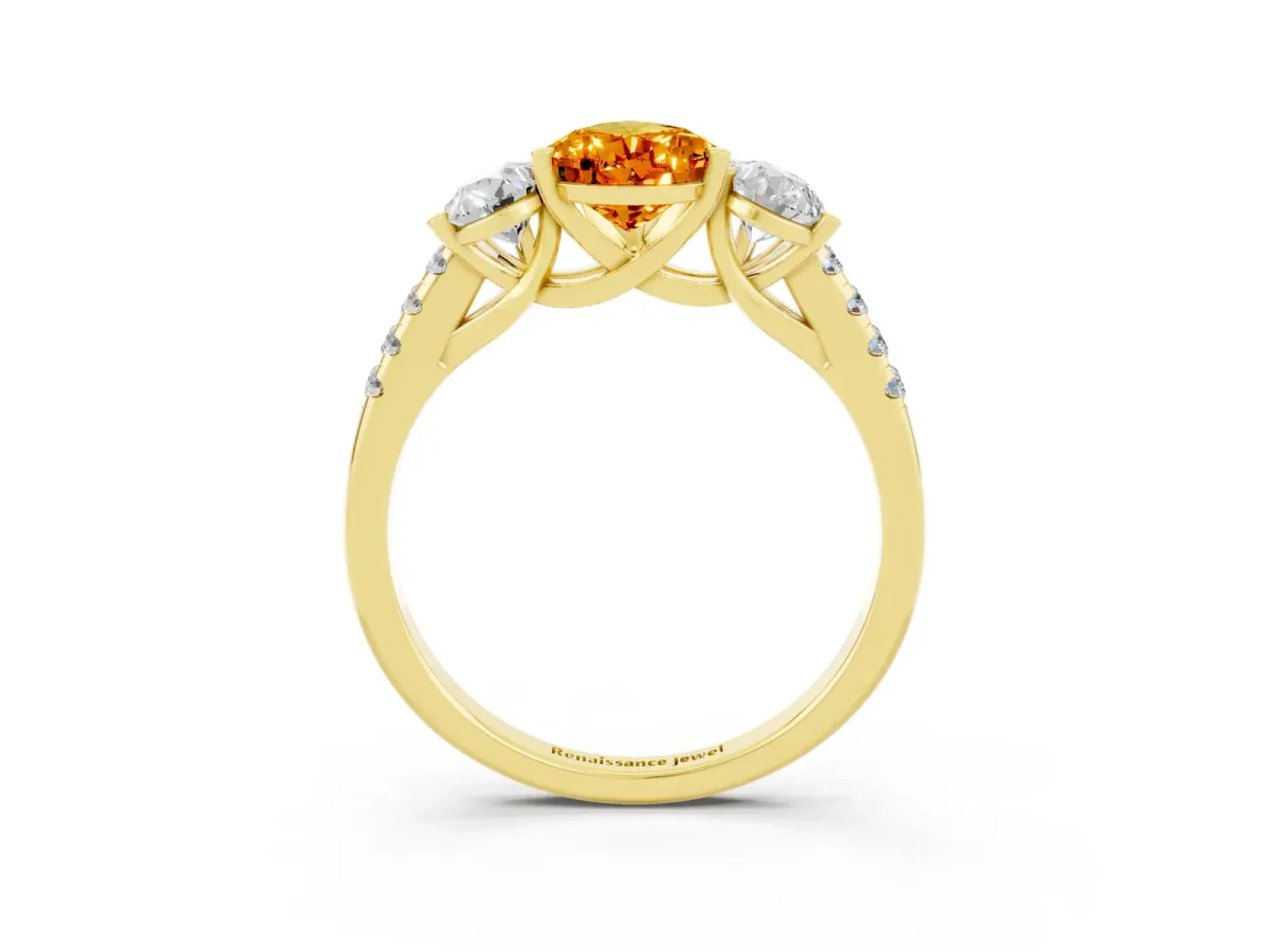 Three-Stone Pear Cut Citrine Ring with Round Pavé Band and Prong Setting Yellow gold