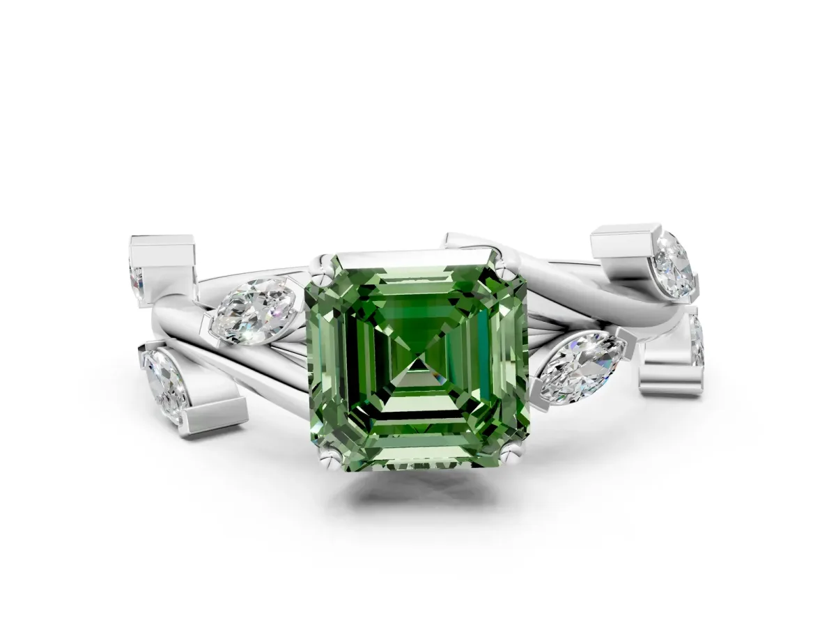 Fancy Green Asscher Cut Solitaire Twisted Band Marquise Accent Prong Setting Ring Platinum