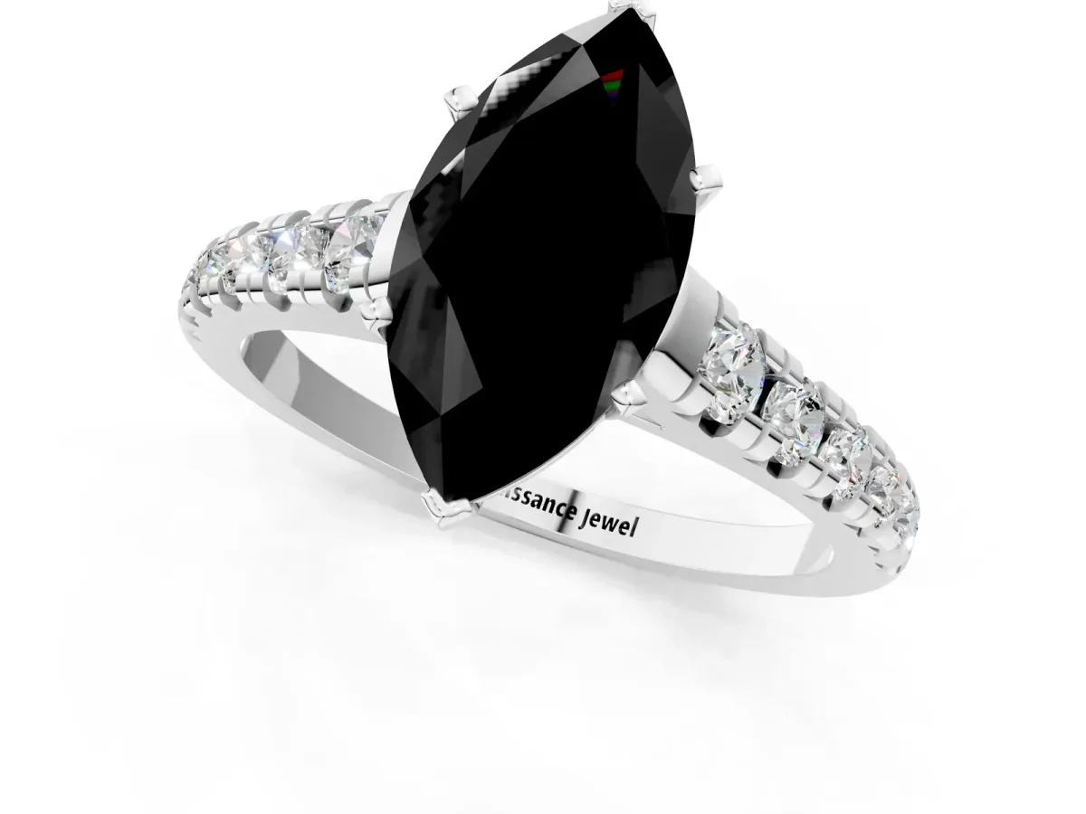 Fancy Black Marquise Cut Diamond Cathedral Solitaire Ring with Round Pavé Band Silver