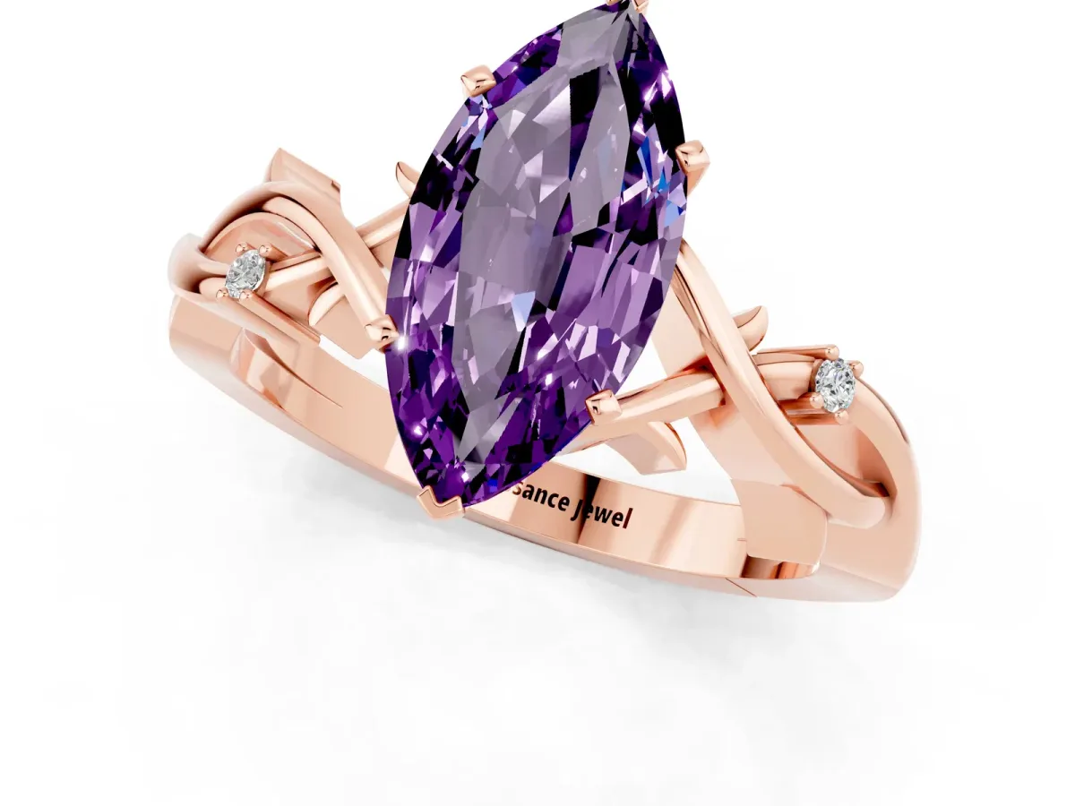 Marquise Cut Amethyst Solitaire Ring with Twisted Band and Prong Setting Rose gold