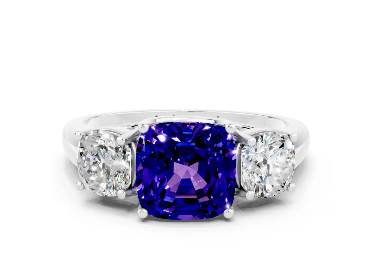 Three-Stone Cushion Cut Tanzanite Engagement Ring with Prong Setting White gold