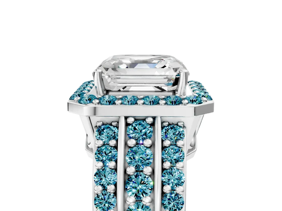 Asscher Cut Halo Diamond Ring with Round Blue Topaz Split Shank and Prong Setting Silver
