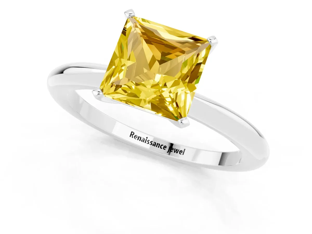 Princess Cut Yellow Sapphire Solitaire Ring with Six-Prong Setting and Classic Band Silver