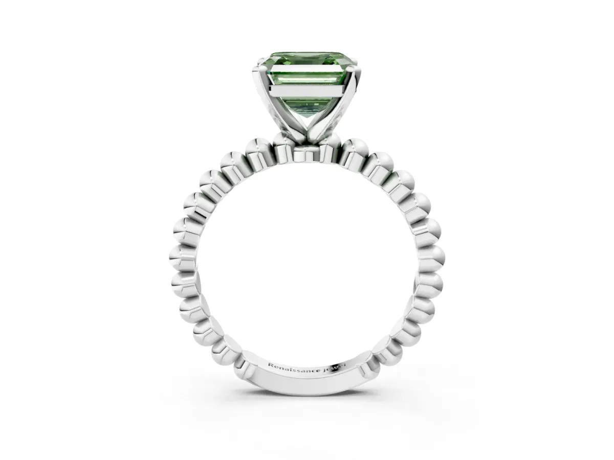 Fancy Green Asscher Cut Diamond Solitaire Ring with Beaded Band and Prong Setting Platinum