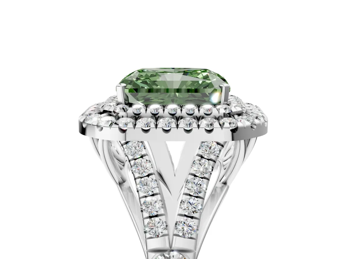 Fancy Green Radiant Cut Diamond Pavé Split Shank Double Halo Engagement Ring Platinum