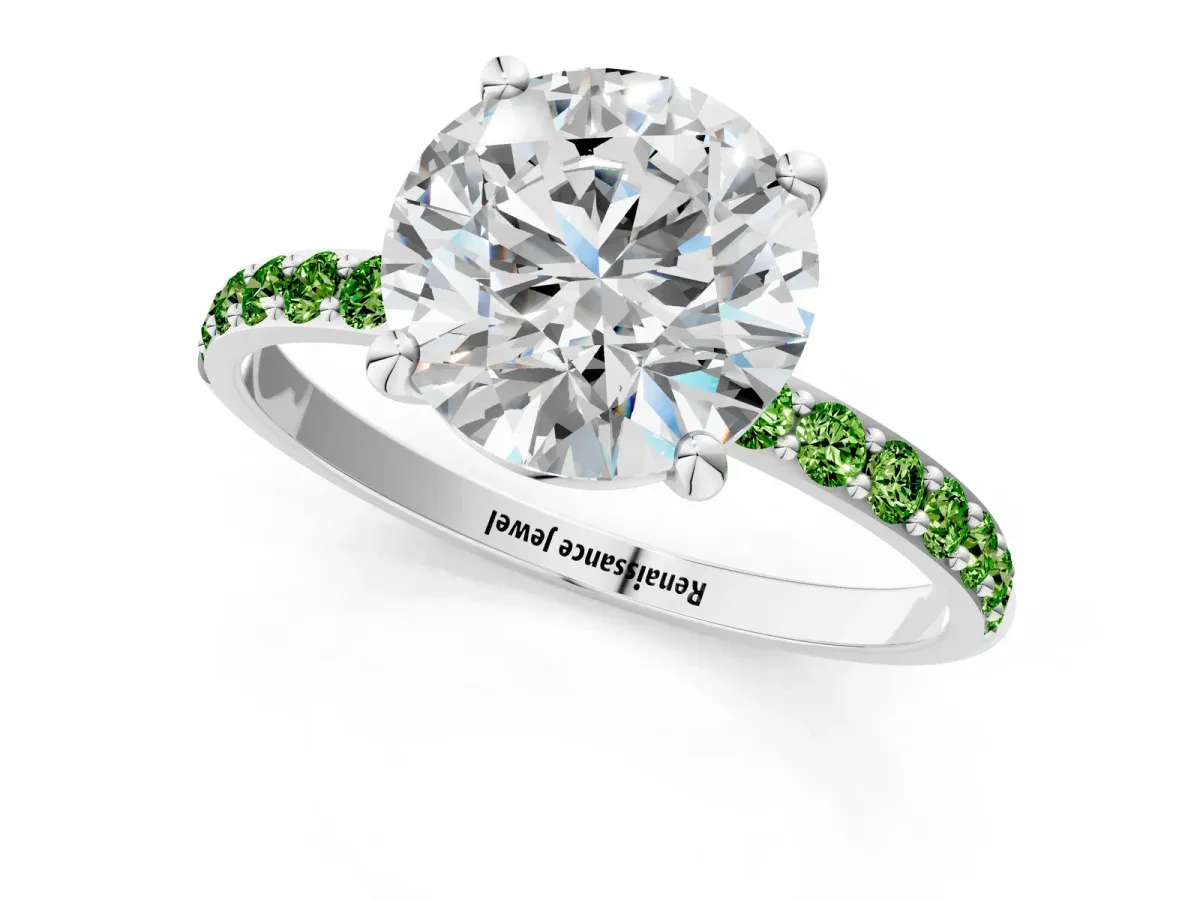 Round Cut Diamond Solitaire Ring with Round Peridot Pavé Band and Prong Setting Silver