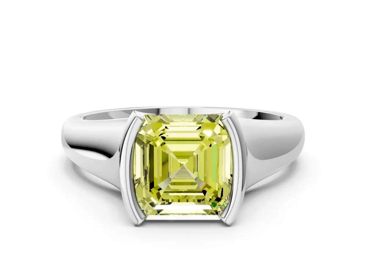 Fancy Yellow Asscher Cut Solitaire Tension Set Diamond Ring with Split Shank Band Platinum