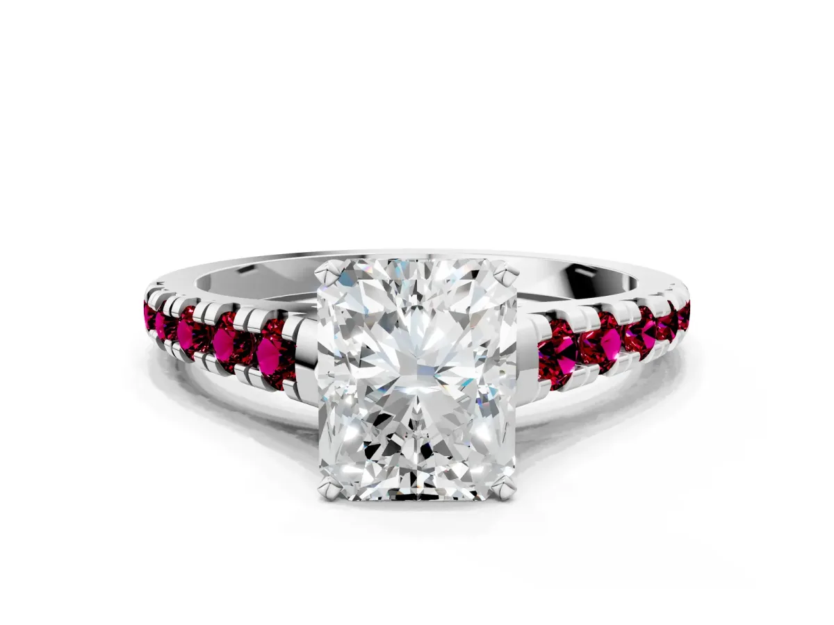 Radiant Cut Diamond Cathedral Solitaire Ring with Round Garnet Pavé Band Silver
