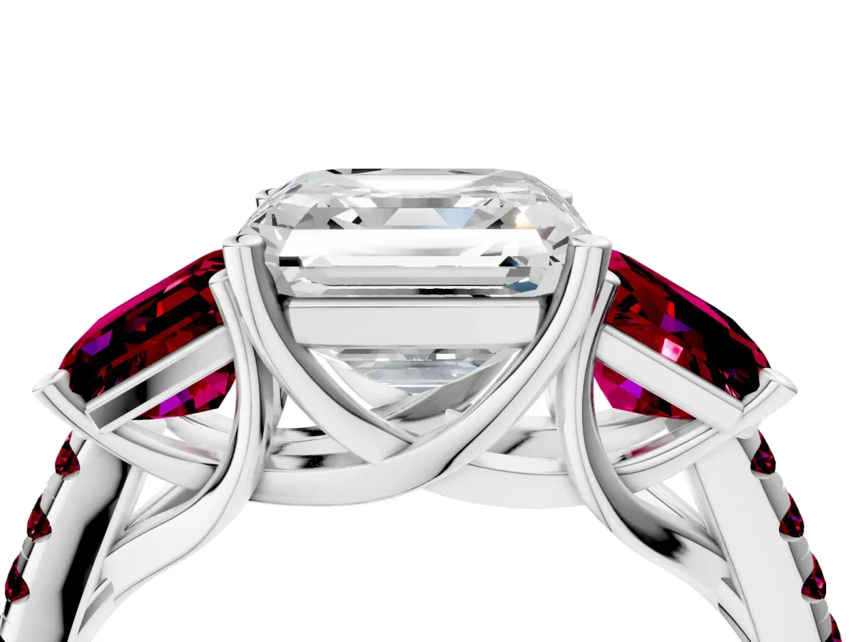 Three-Stone Asscher Cut Diamond Ring with Round Garnet Pavé Band and Prong Setting Silver