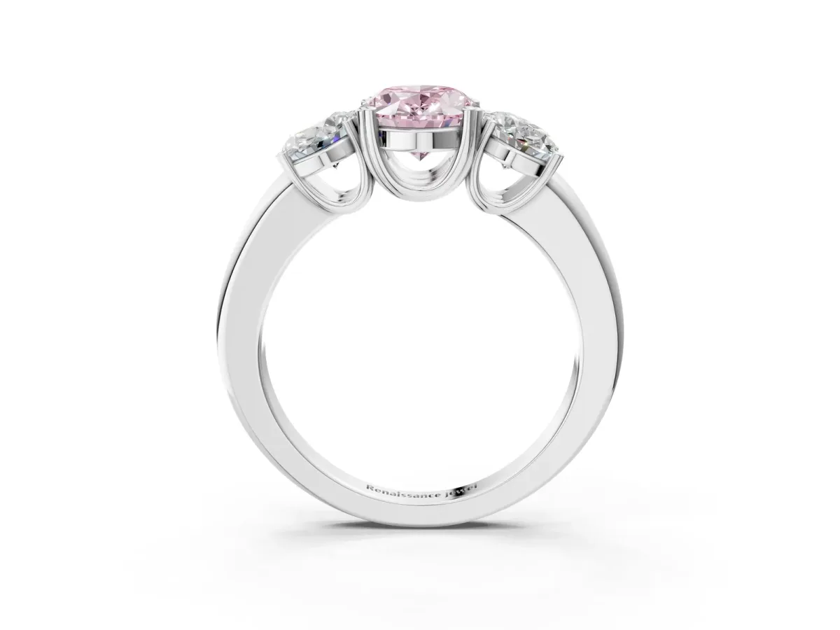 Fancy Pink Three-Stone Oval Cut Cut Diamond Ring with Channel Set Band and Four-Prong Setting Silver