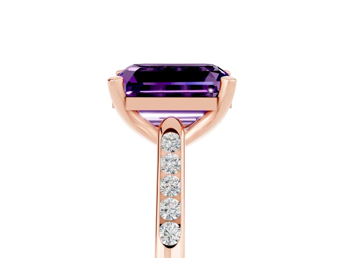 Emerald Cut Amethyst Solitaire Ring with Channel Set Round Band and Prong Setting Rose gold
