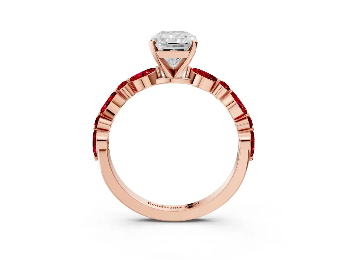 Radiant Cut Diamond Ring with Marquise and Round Ruby Side Stones and Four-Prong Setting Rose gold