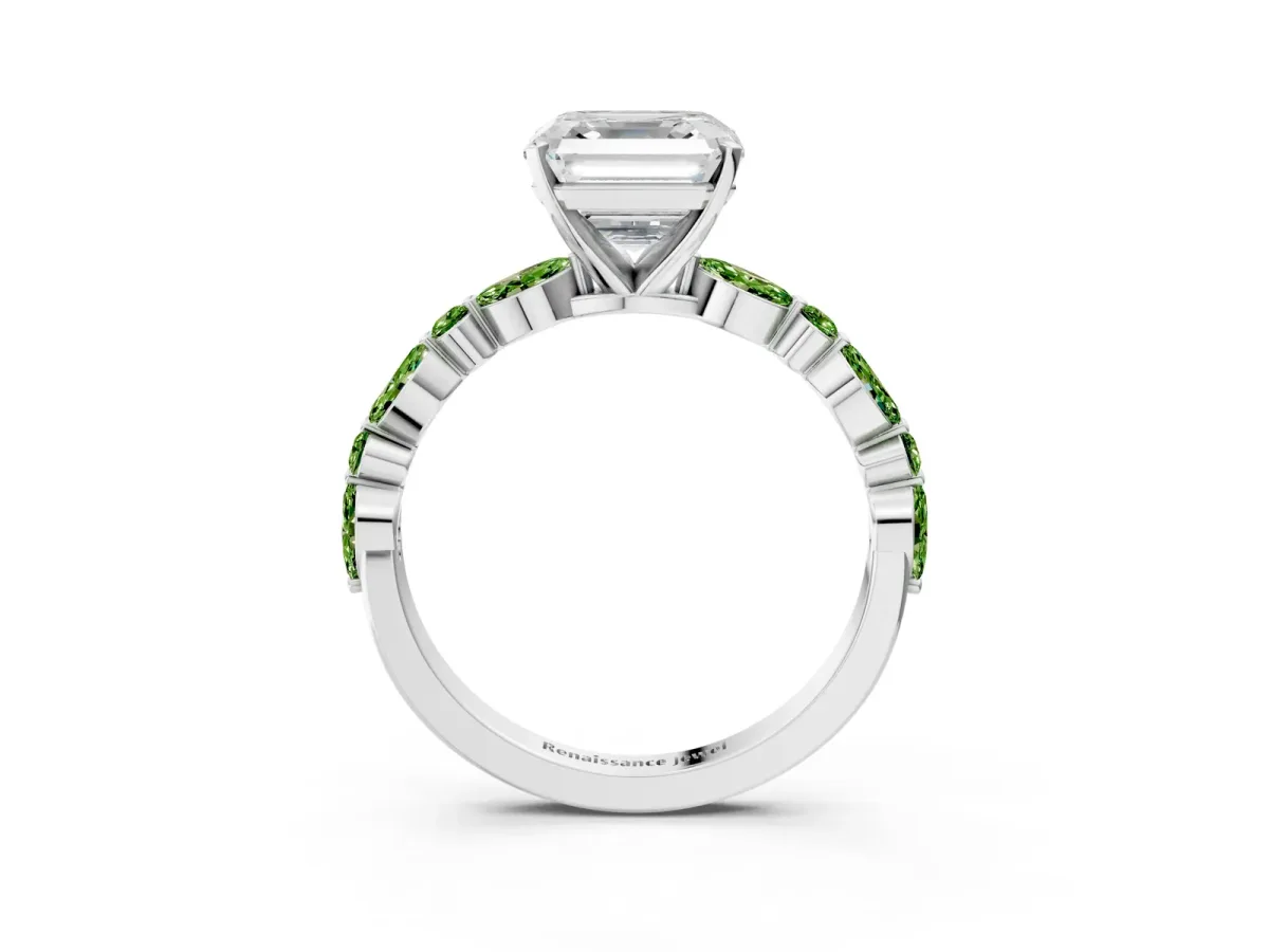 Asscher Cut Diamond Ring with Marquise and Round Peridot Side Stones and Four-Prong Setting Silver