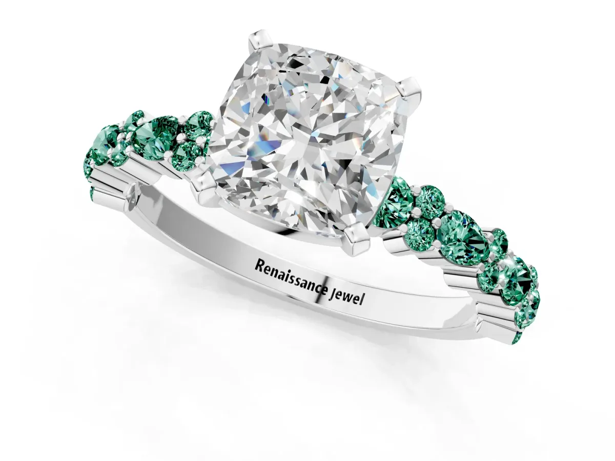 Cushion Cut Diamond Side Stone Solitaire Ring with Round Green Sapphire and Four-Prong Setting Silver