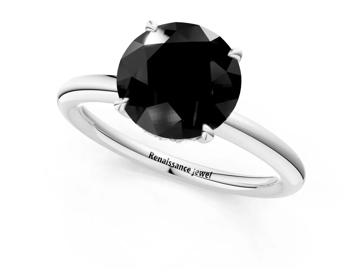 Fancy Black Round Cut Diamond Solitaire Ring with Thin Band and Four-Prong Setting Silver