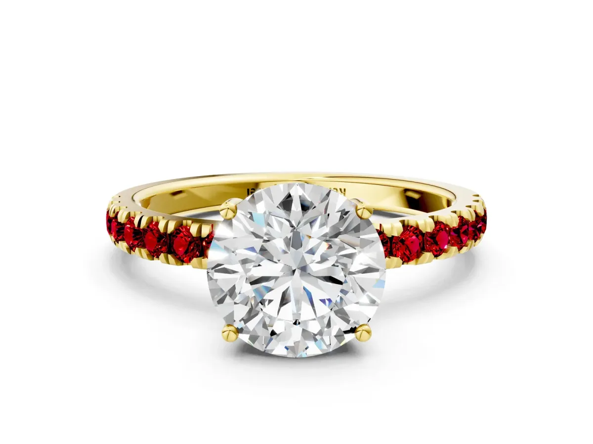 Round Cut Diamond Pave Band Solitaire Ring with Round Ruby and Prong Setting Yellow gold
