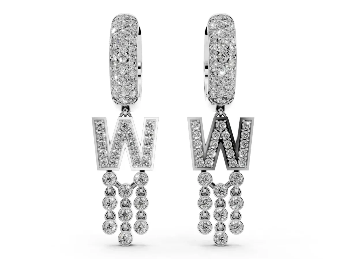 Round Diamond Initial W Huggie Hoop Earrings Silver