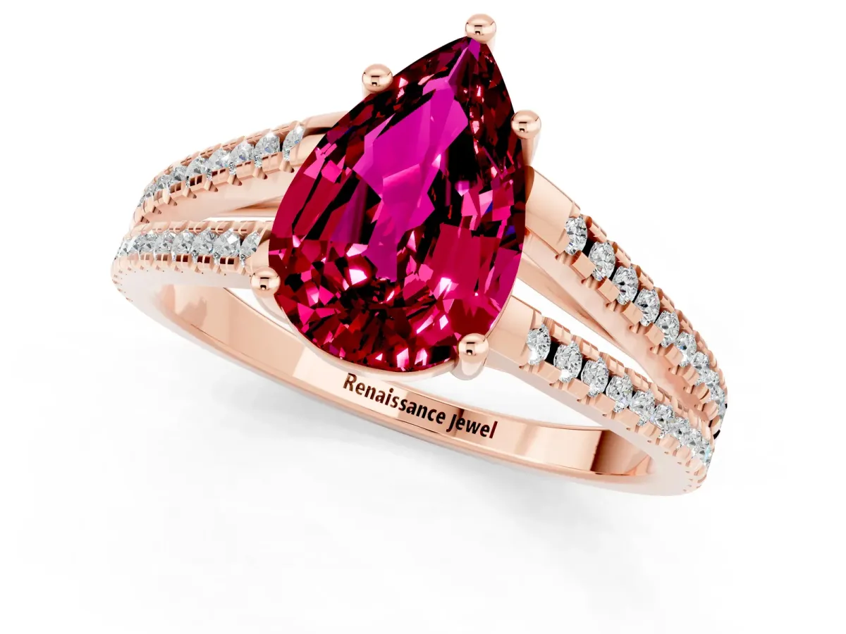 Pear Cut Garnet Solitaire Engagement Ring with Split Shank Pavé Band Rose gold