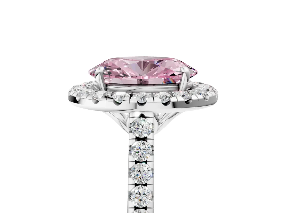 Fancy Pink Oval Cut Halo Pavé Diamond Engagement Ring with Four-Prong Setting Silver