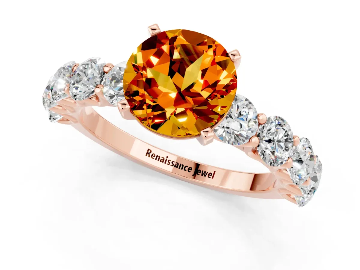 Round Cut Citrine Prong Setting with Side Stones on a Pave Band Rose gold