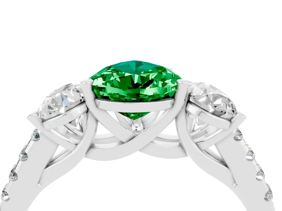Three-Stone Pear Cut Emerald Ring with Round Pavé Band and Prong Setting Silver