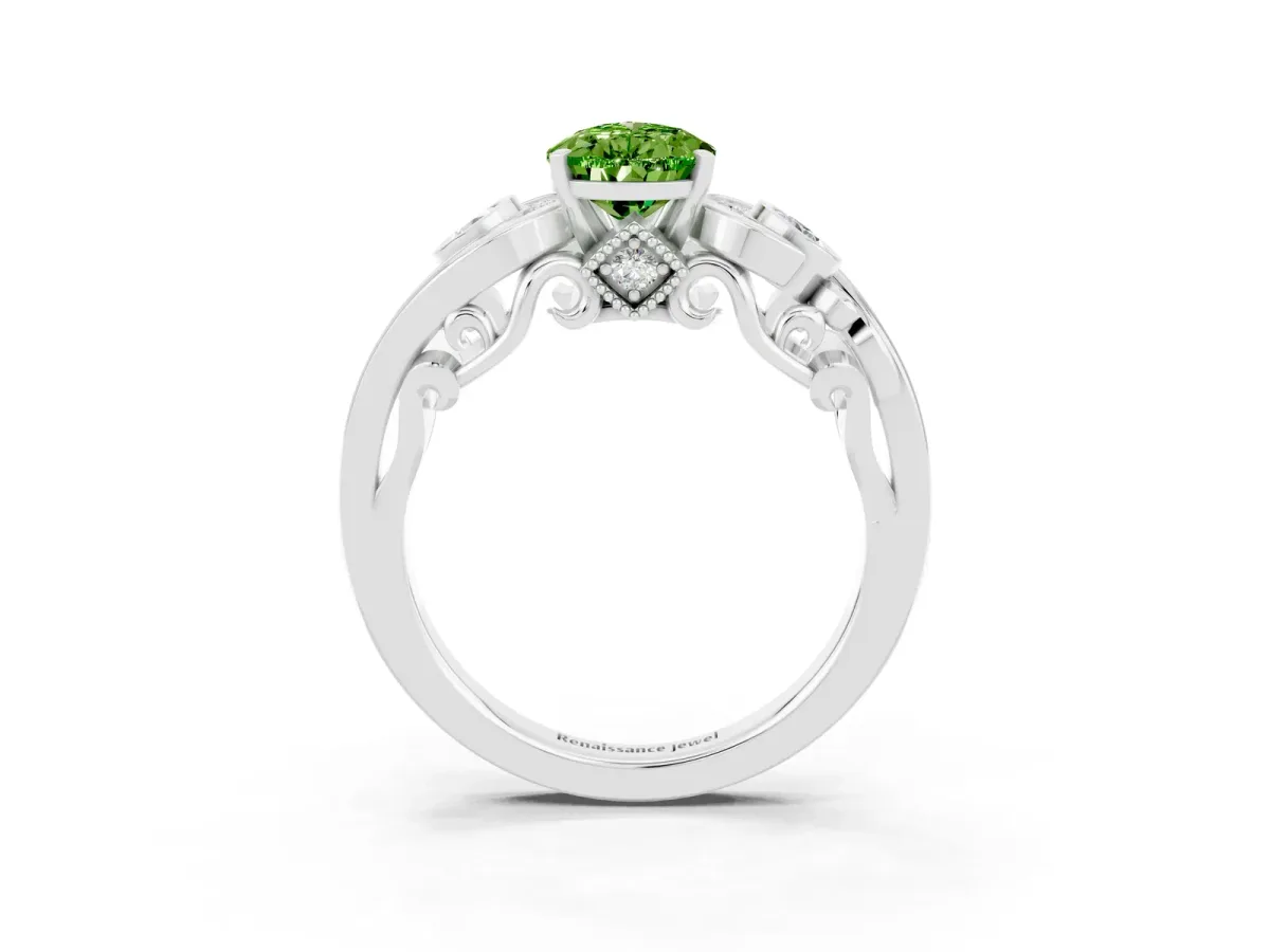Pear Cut Peridot Solitaire Ring with Milgrain Pavé Band and Four-Prong Setting Silver