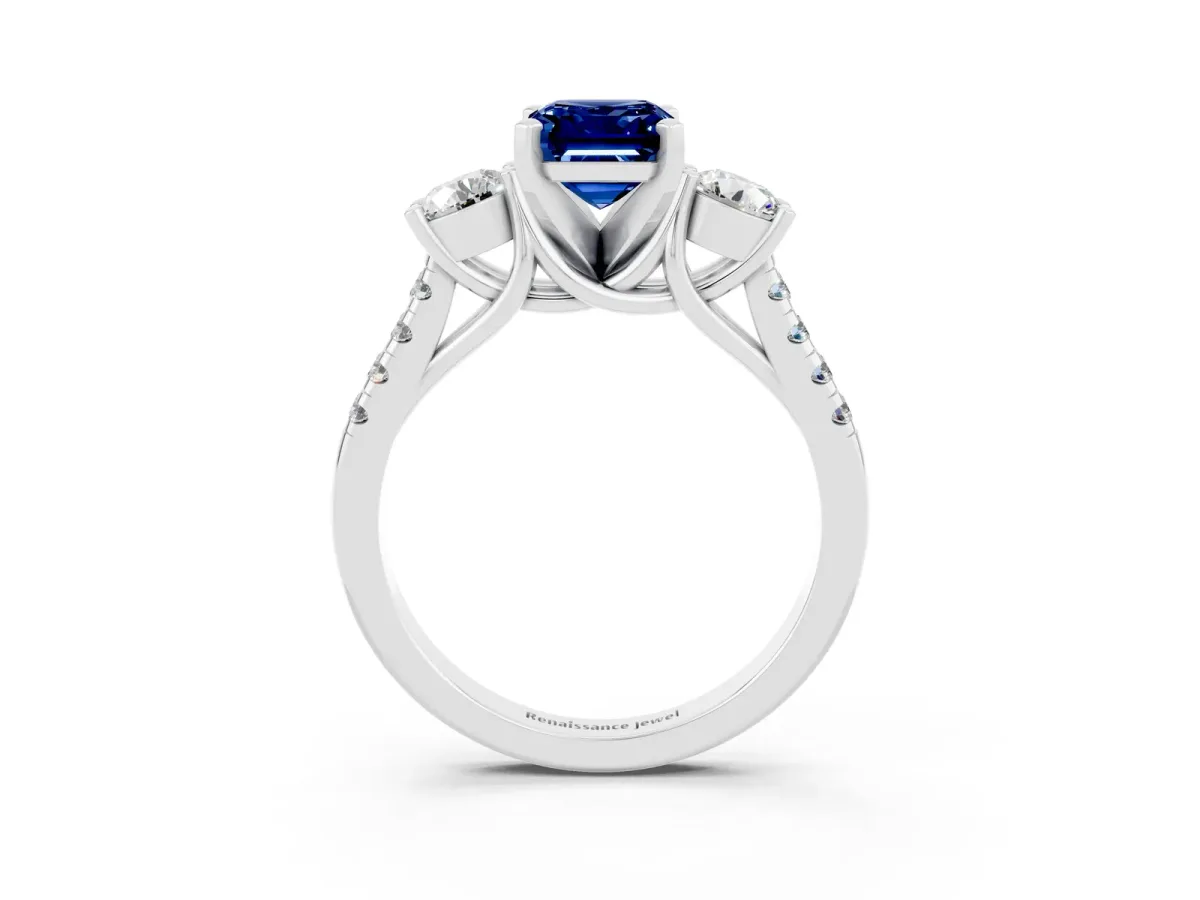 Three-Stone Emerald Cut Blue Sapphire Pavé Band with Four-Prong Setting Silver