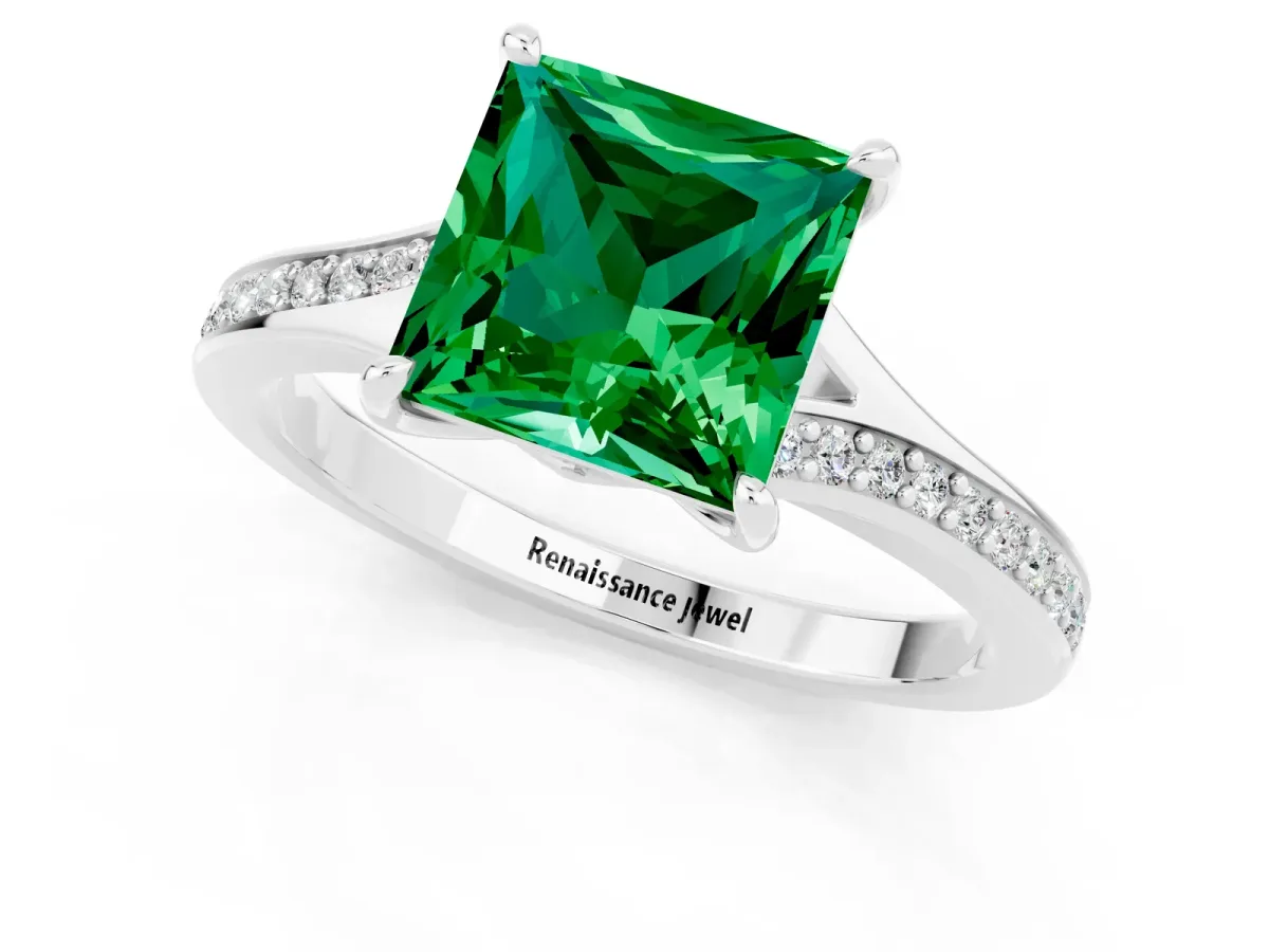 Princess Cut Emerald Solitaire Ring with Pavé Band and Prong Setting Silver