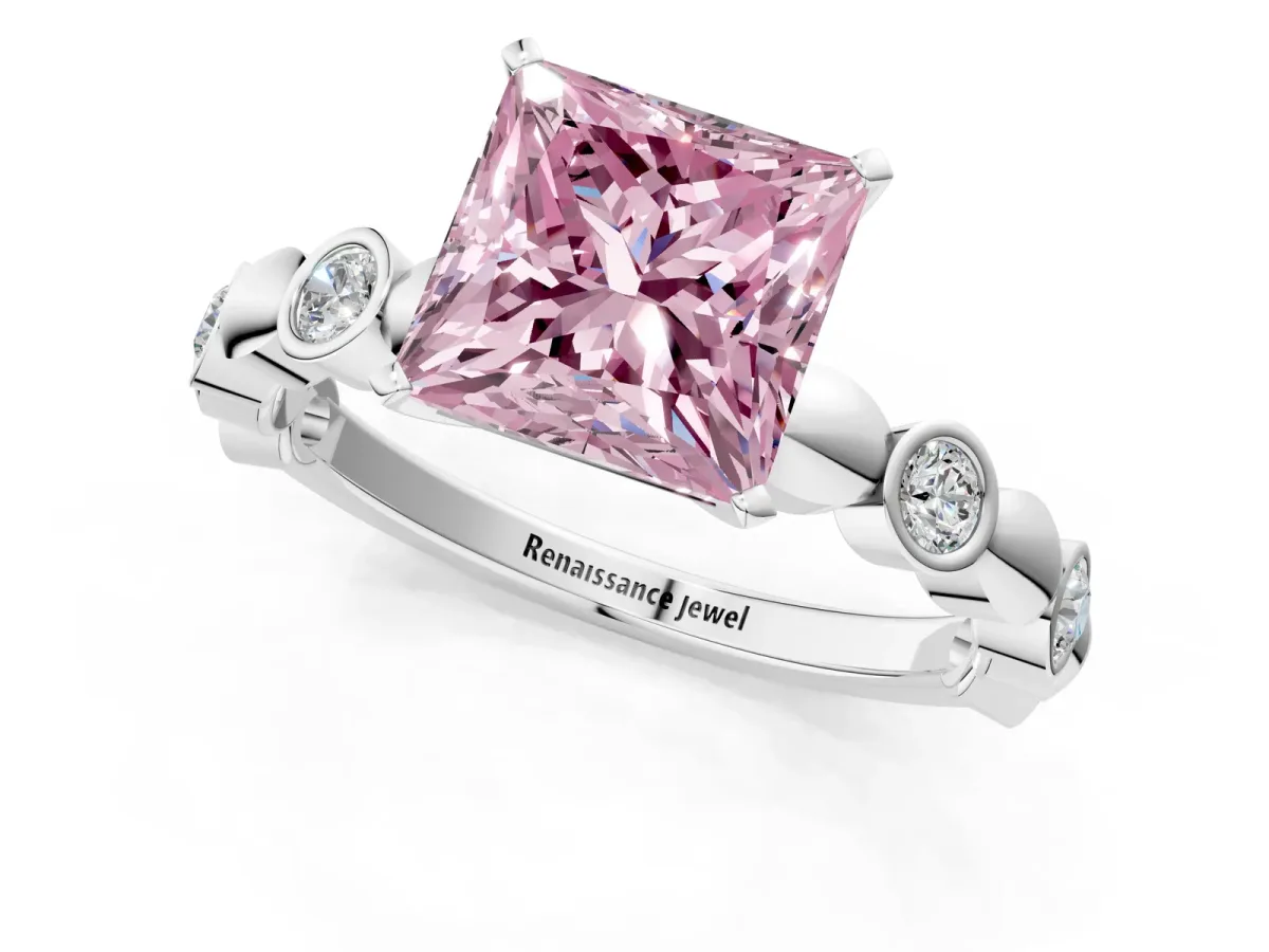 Fancy Pink Princess Cut Solitaire Bezel-Set Diamond Ring with Beaded Band and Four-Prong Setting Silver
