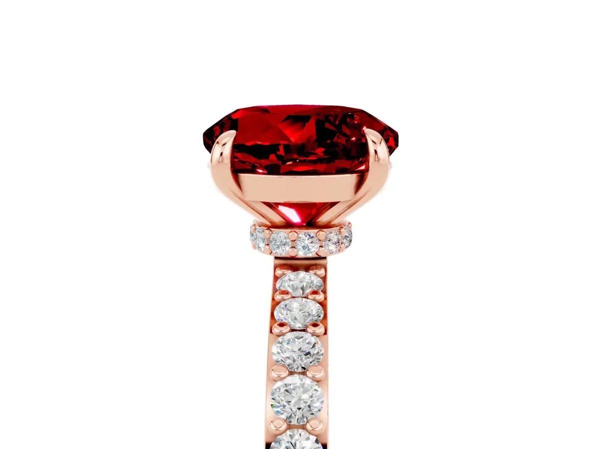 Round Cut Ruby Solitaire Engagement Ring with Pavé Band and Four-Prong Setting Rose gold