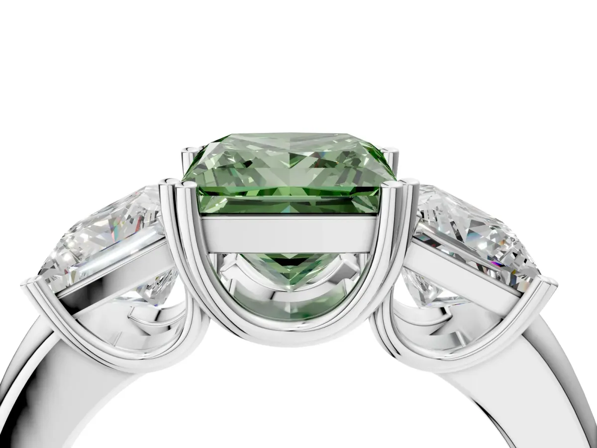 Fancy Green Three-Stone Princess Cut Cut Diamond Ring with Channel Set Band and Four-Prong Setting Silver