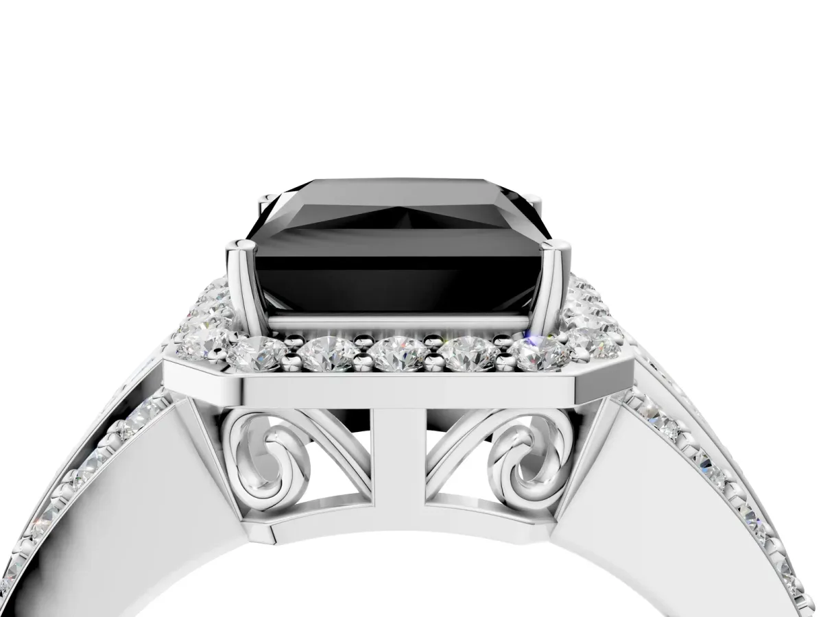 Fancy Black Princess Cut Halo Diamond Ring with Round Split Shank and Prong Setting Silver