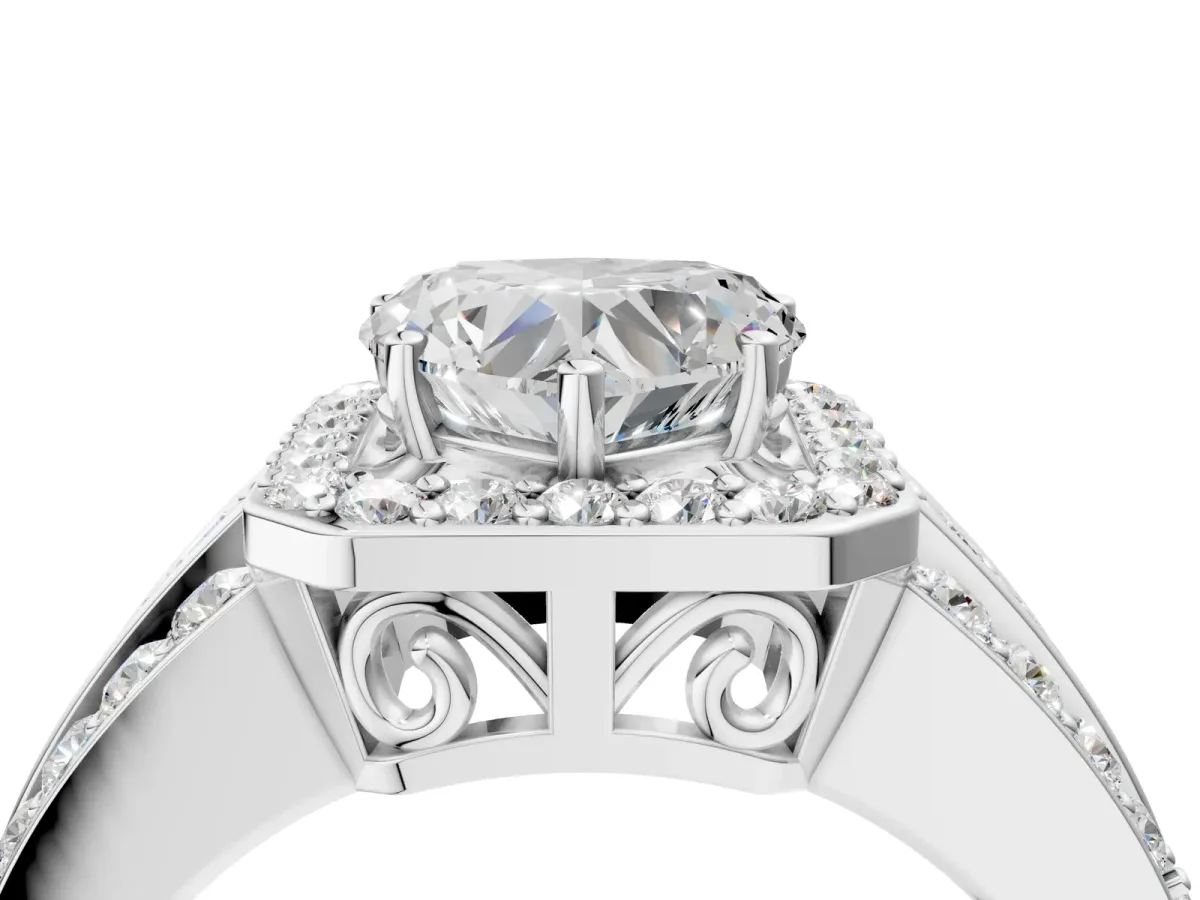 Heart Cut Halo Diamond Ring with Round Moissanite Split Shank and Prong Setting Silver