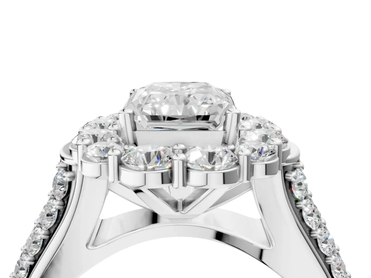 Radiant Cut Halo Diamond Engagement Ring with Split Shank and Prong Setting Platinum