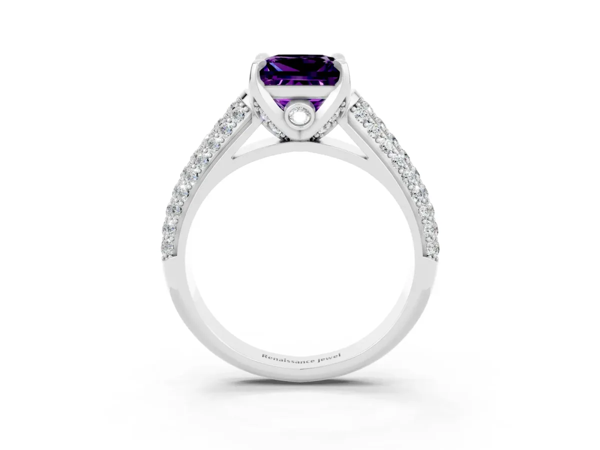 Princess Cut Amethyst Solitaire Ring with Three-Row Pavé Band and Four-Prong Setting Platinum