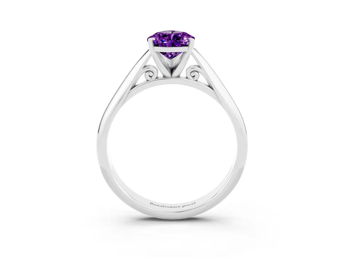 Pear Cut Amethyst Solitaire Engagement Ring with Cathedral Setting and Four-Prong Mount White gold