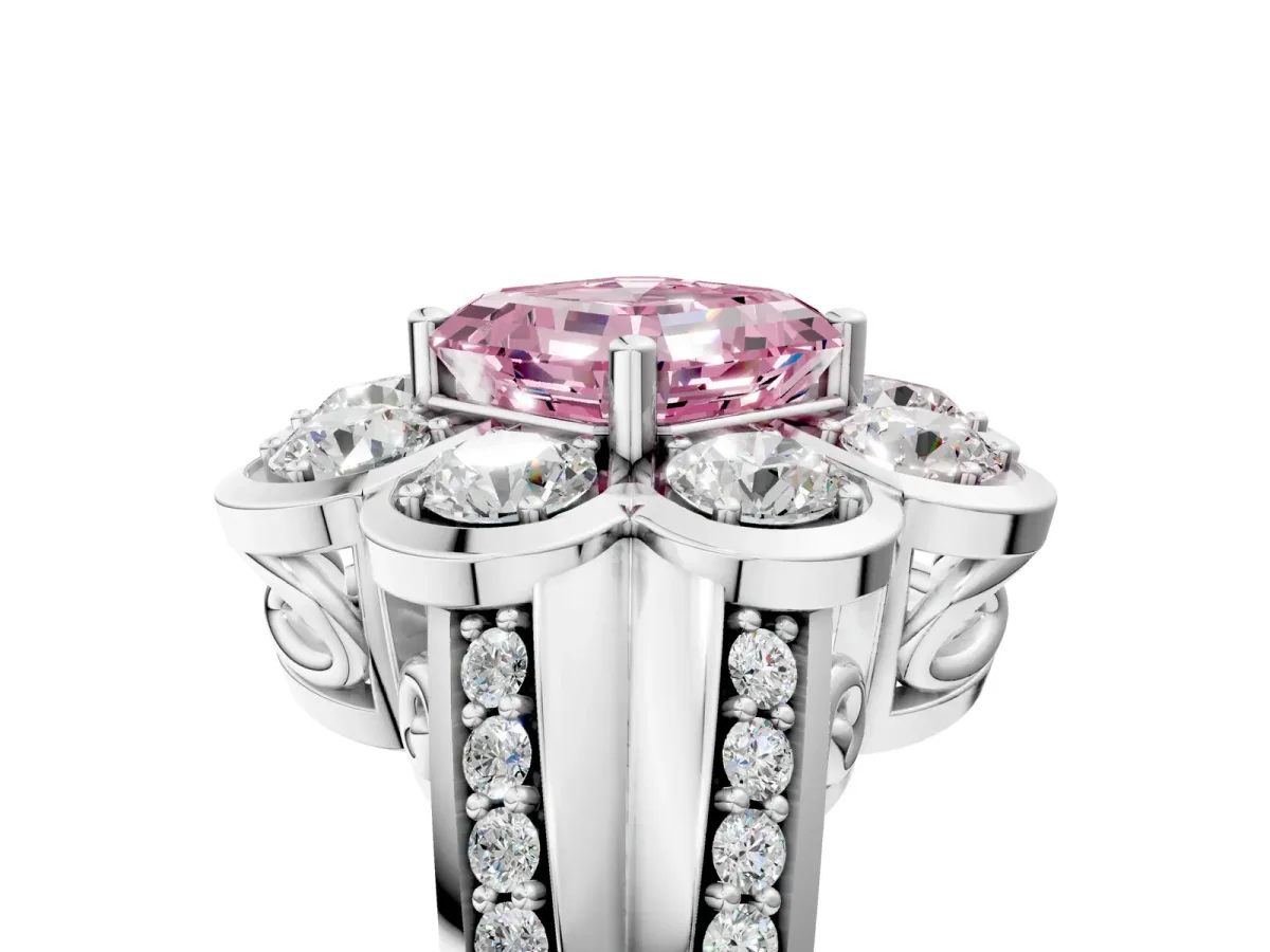 Fancy Pink Asscher Cut Brilliant Flower Halo Diamond Split Shank Ring Platinum