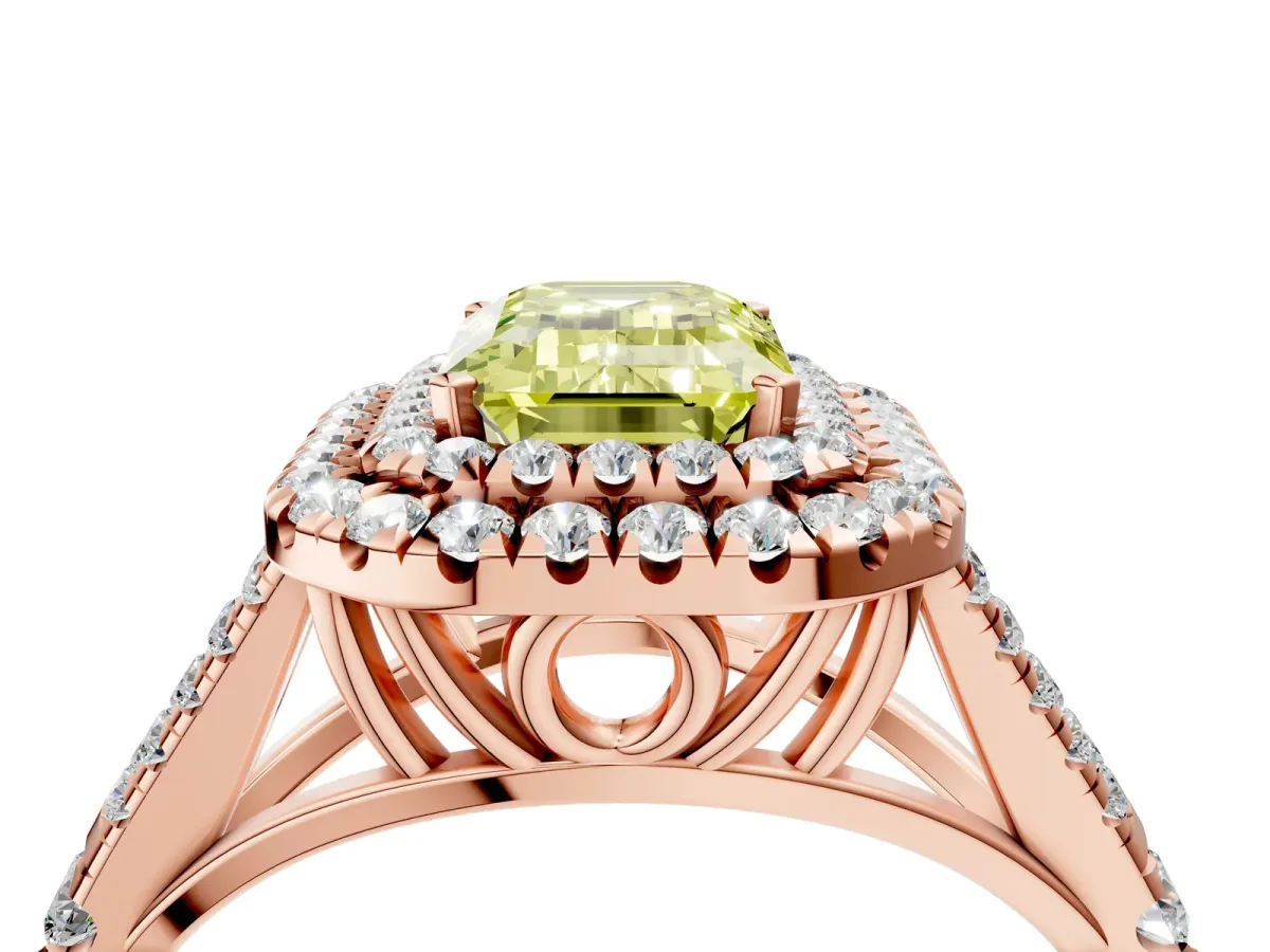 Fancy Yellow Emerald Cut Diamond Double Halo Ring with Split Shank and Prong Setting Rose gold