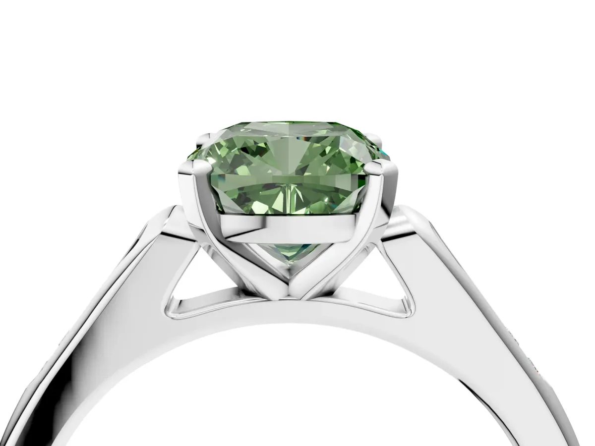Fancy Green Cushion Cut Diamond Solitaire Ring with Channel Set Round Band and Prong Setting Silver