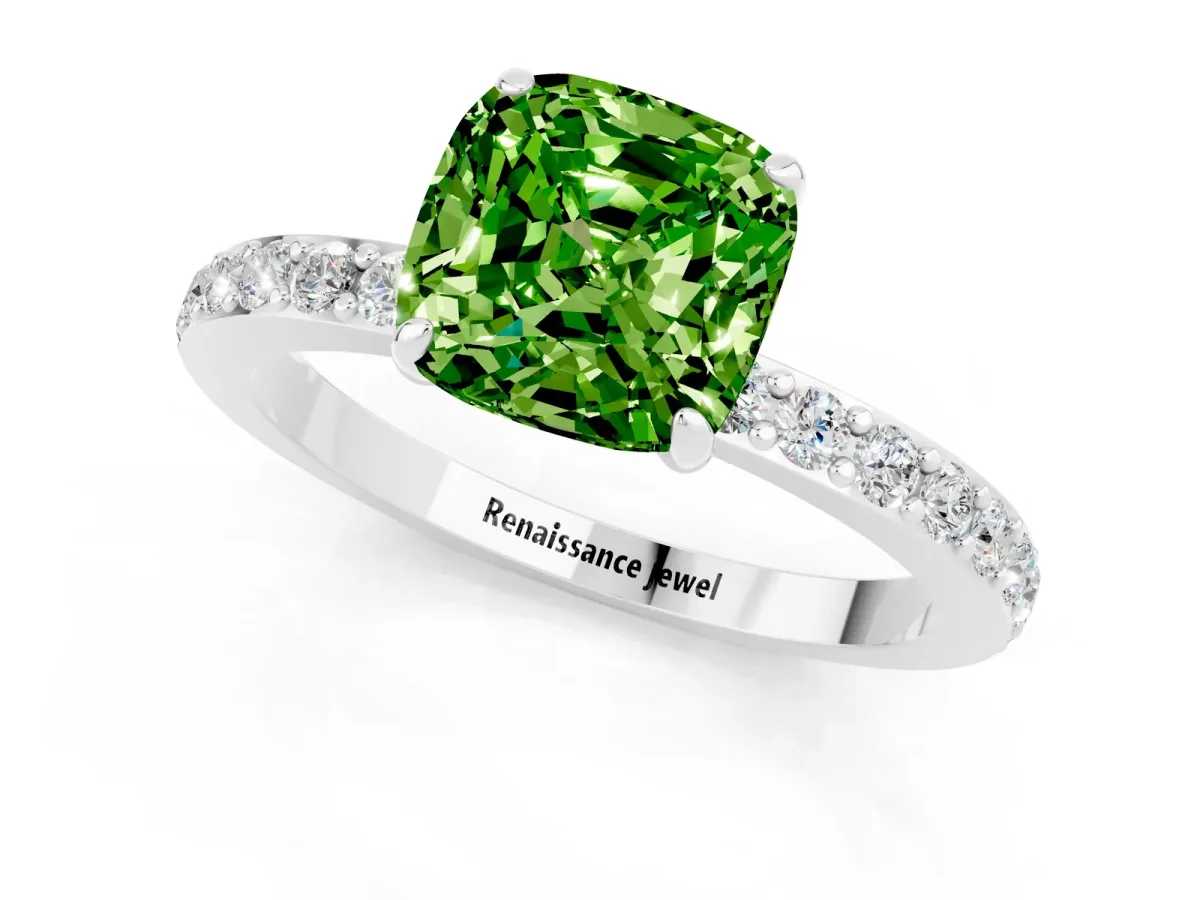 Cushion Cut Peridot Solitaire Engagement Ring with Pavé Band and Four-Prong Setting Silver