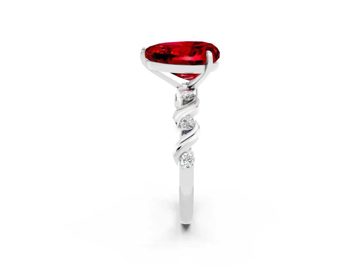 Heart Cut Ruby Solitaire Twisted Band with Round Accents and Prong Setting Platinum